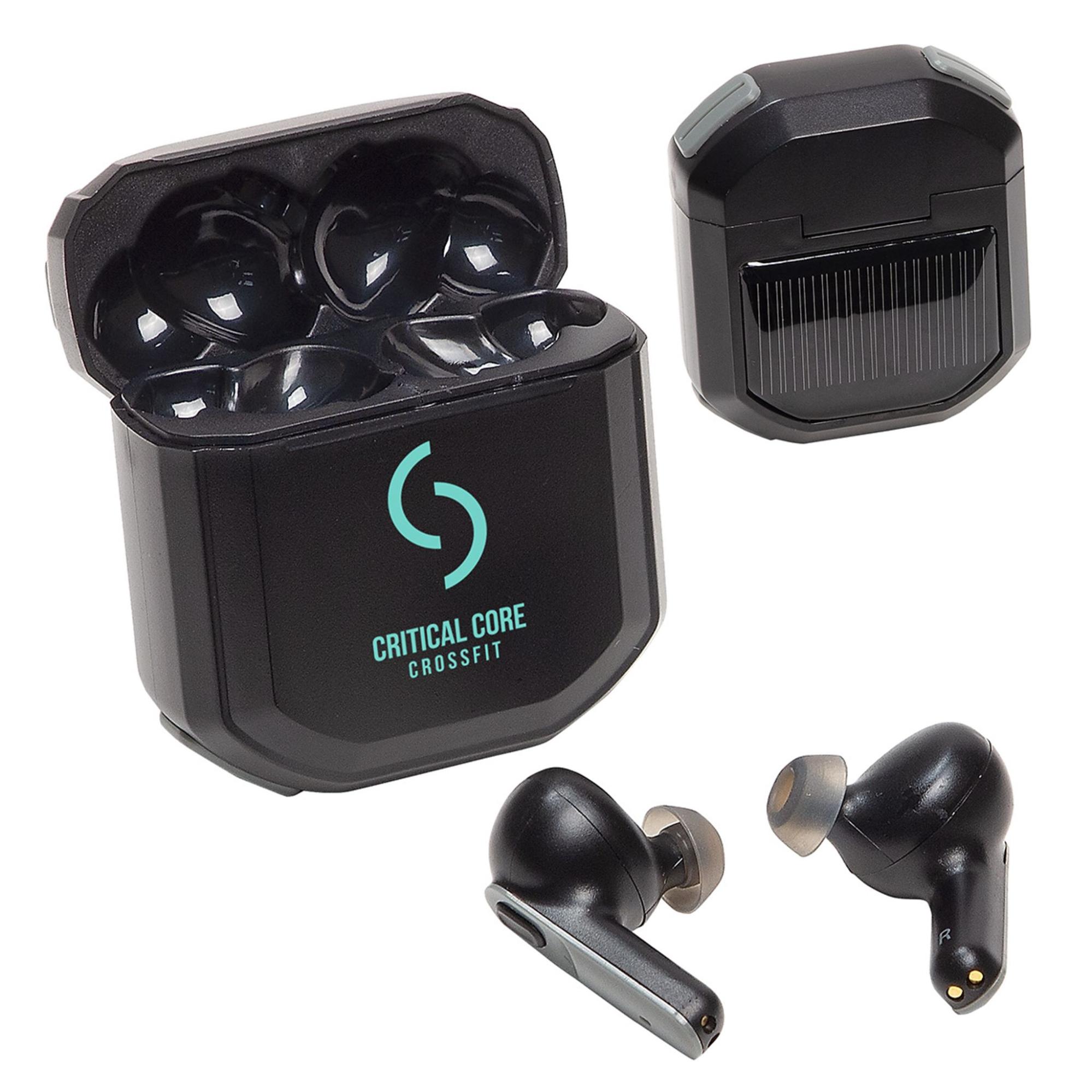 black-colored wireless earbuds with solar charging box