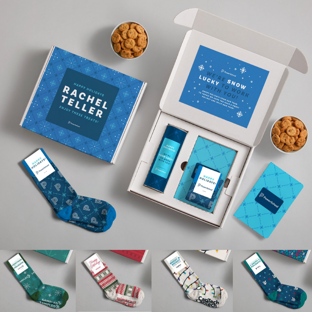 cozy gift box with socks, cookies, and notebook 