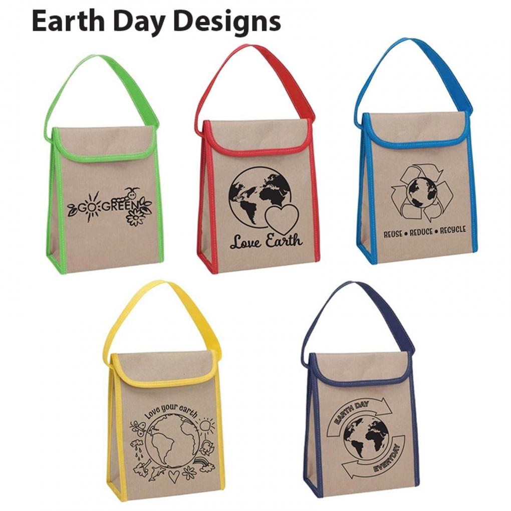 five kraft lunch bags showcasing various Earth Day designs