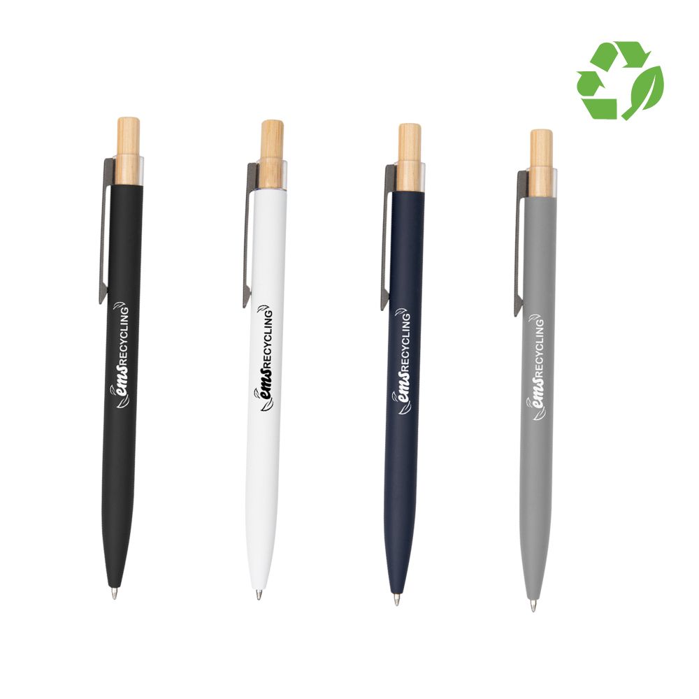 recycled aluminum pens with bamboo clicker and branded logo