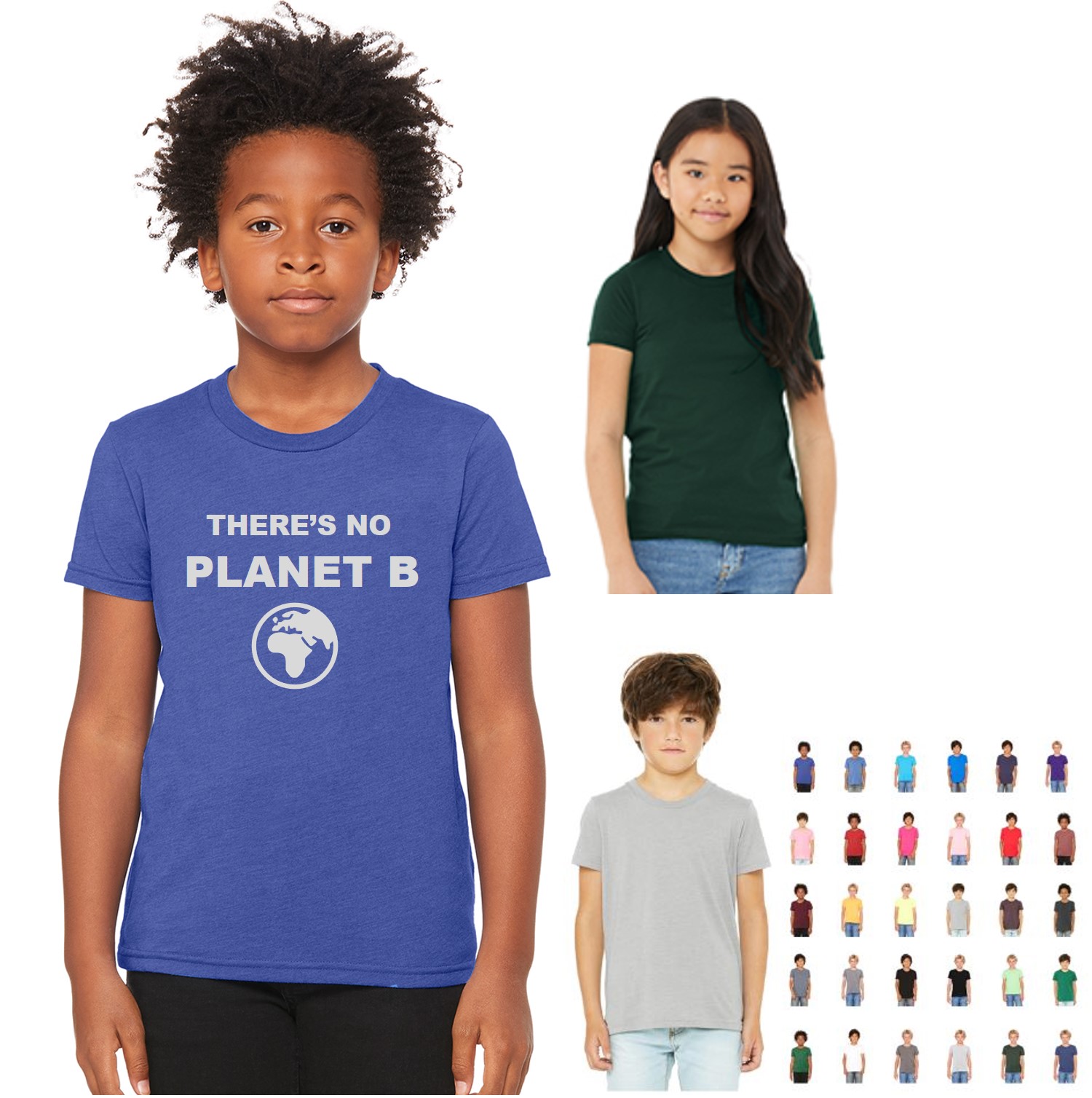 three kid models wearing short-sleeved t-shirts