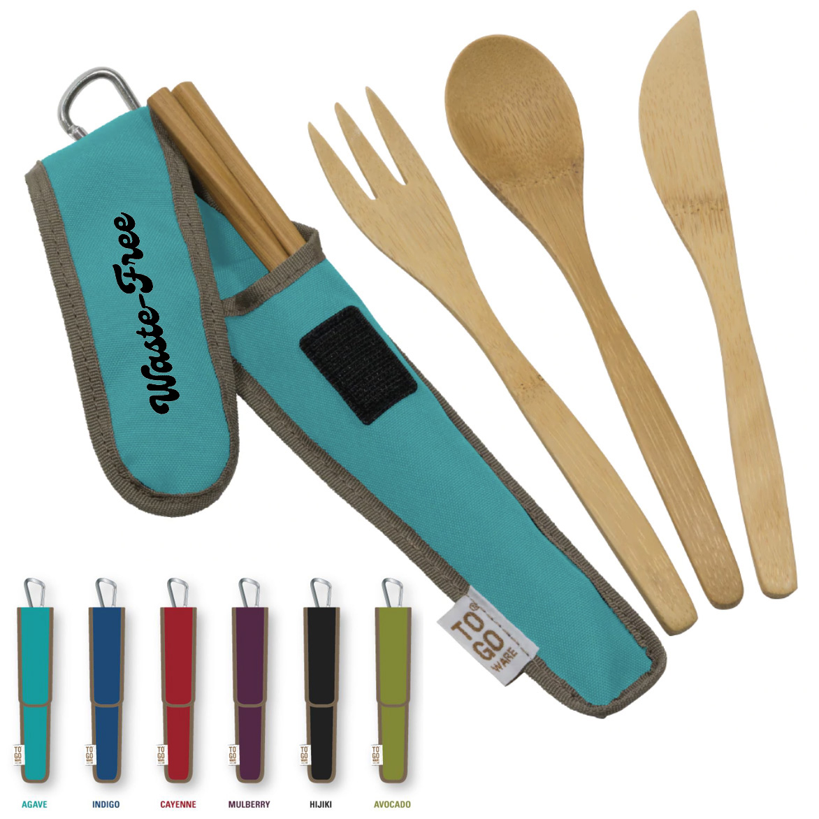 ChicoBag reusable utensil set in a branded jute pouch 