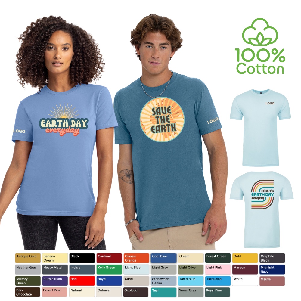 unisex cotton T-shirts with Earth Day theme worn by male and female models