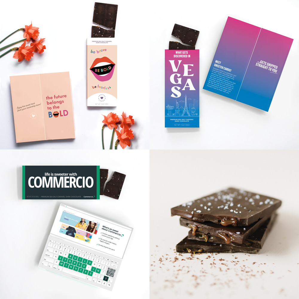 chocolate bars in greeting card packaging with custom logos