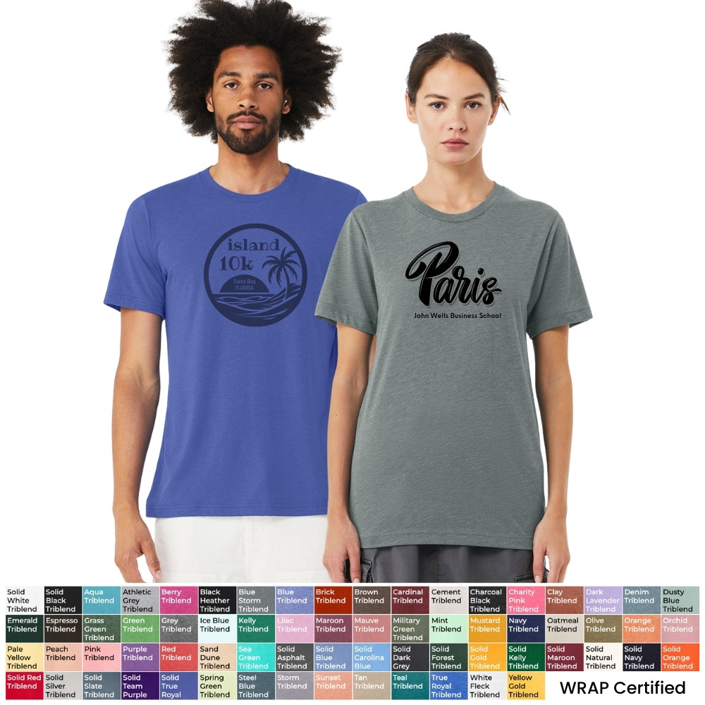 male model wearing a blue triblend t-shirt and female model wearing a gray triblend t-shirt