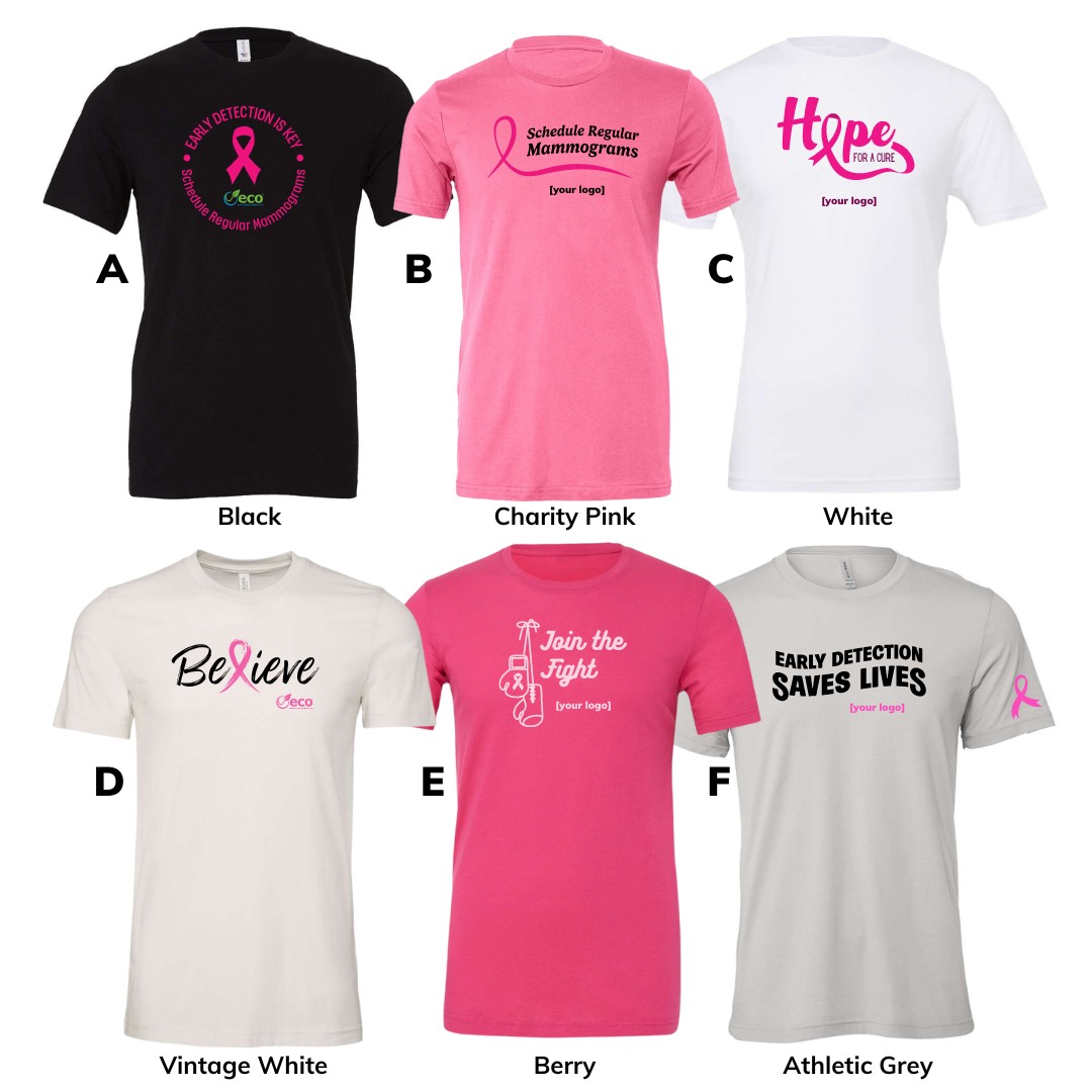 unisex t-shirts in six various colors, breast cancer awareness merchandise