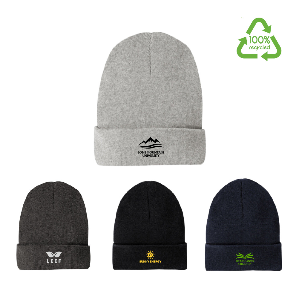 custom recycled cuffed carbon-free beanie hats for winter giveaways