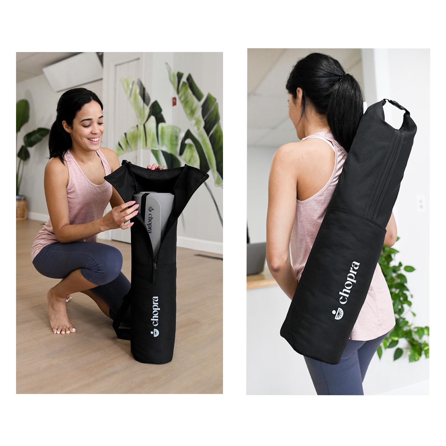 female yoga enthusiast shown checking and carrying a yoga bag and mat set 
