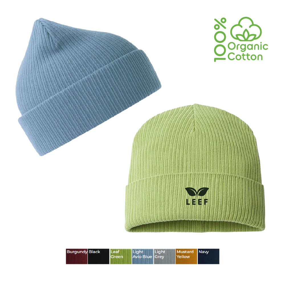 organic cotton cuff beanies with custom embroidery