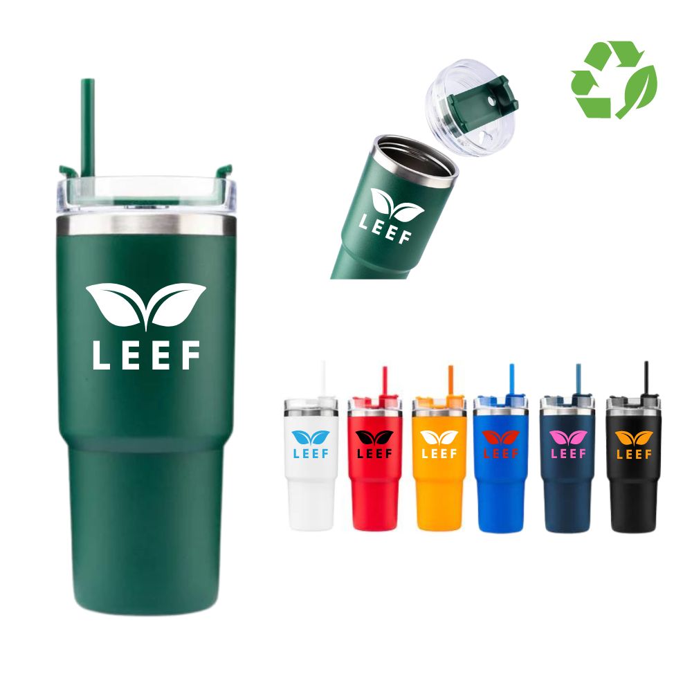 insulated travel tumbler with straw and library logo, branded merchandise