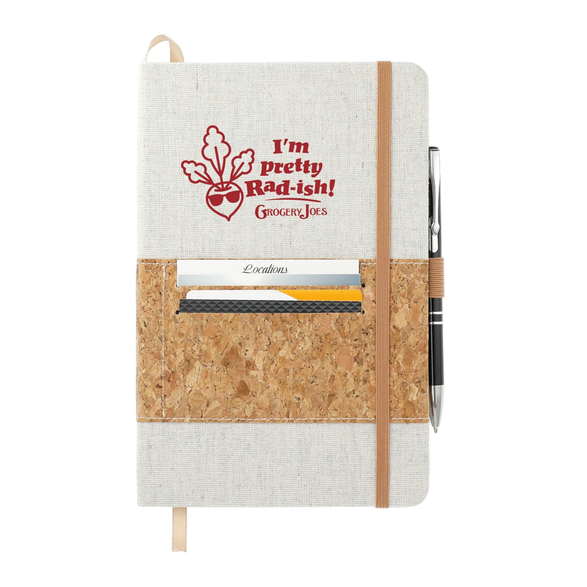 recycled cotton and cork journal with elastic pen loop and pockets.