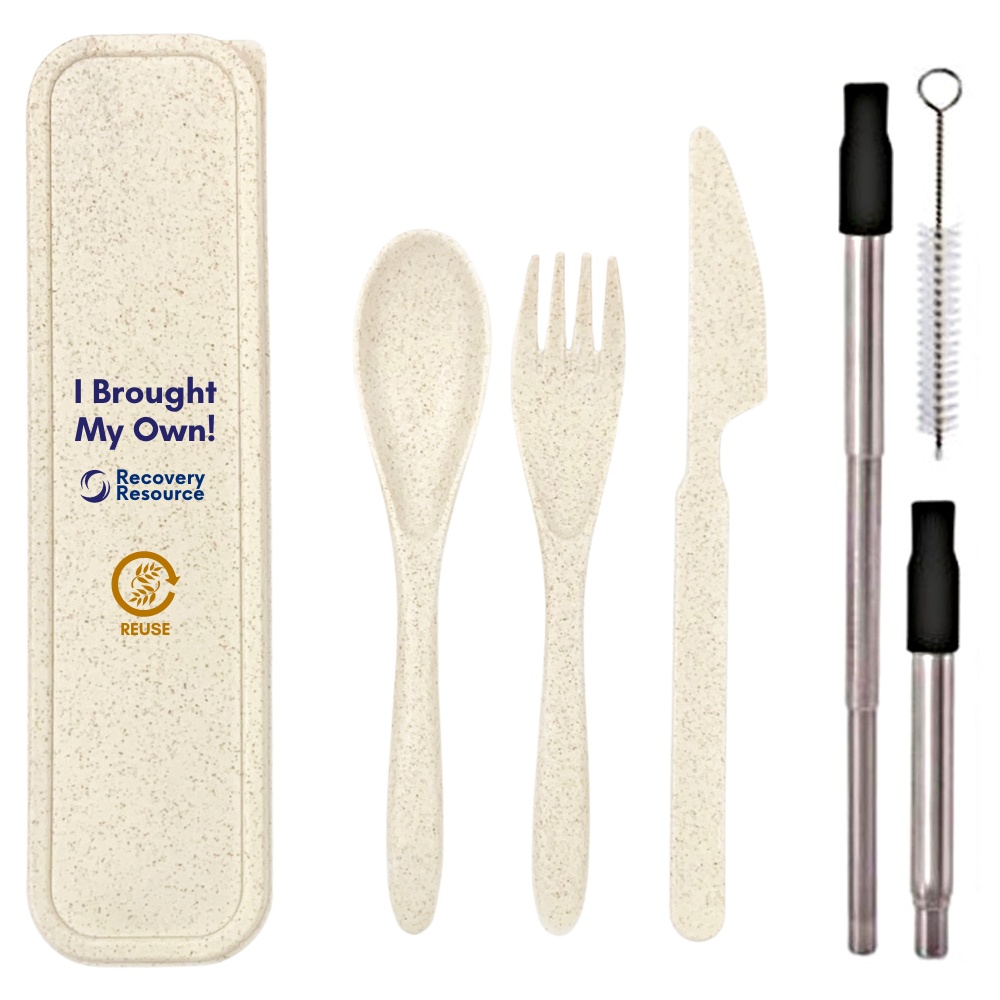 wheat cutlery and stainless steel straw set