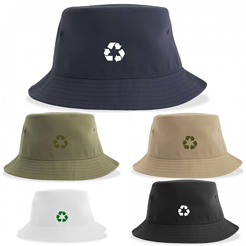 recycled bucket hats with “recycle” logo
