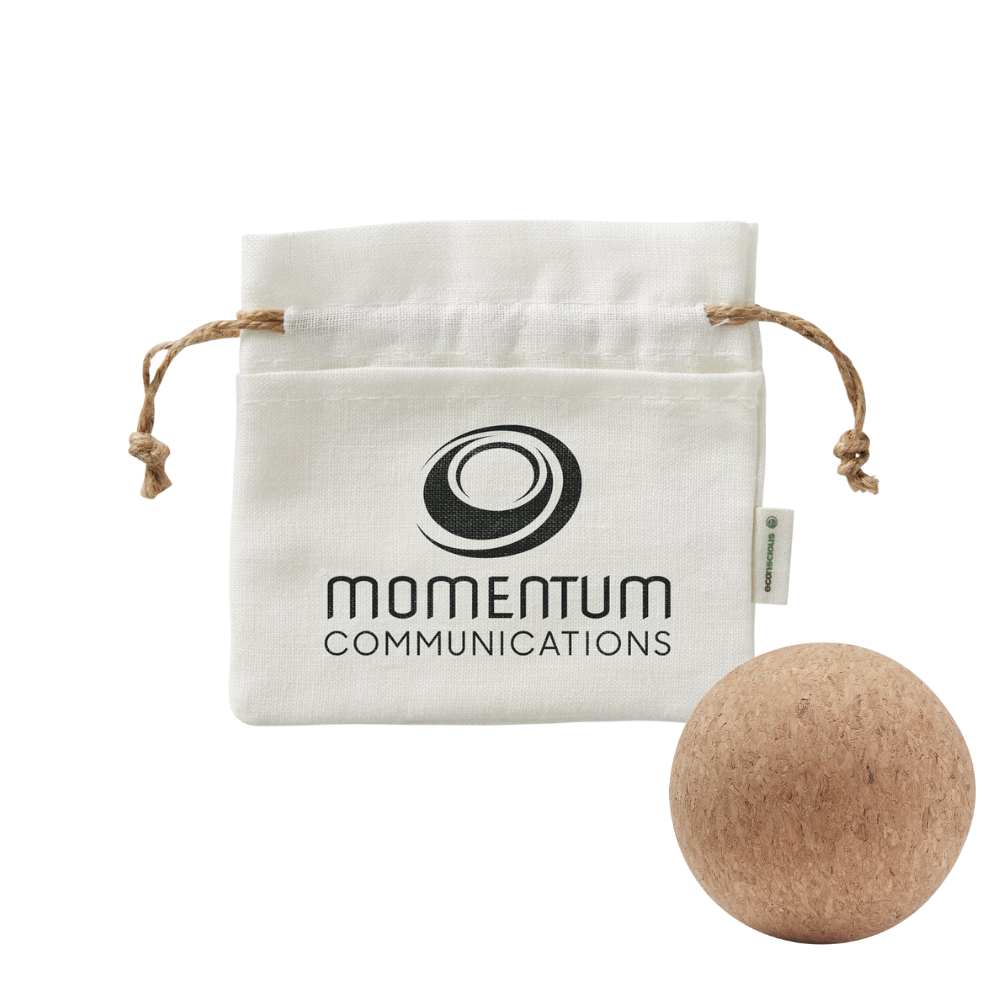 cork massage ball with white linen pouch, fitness promotional items