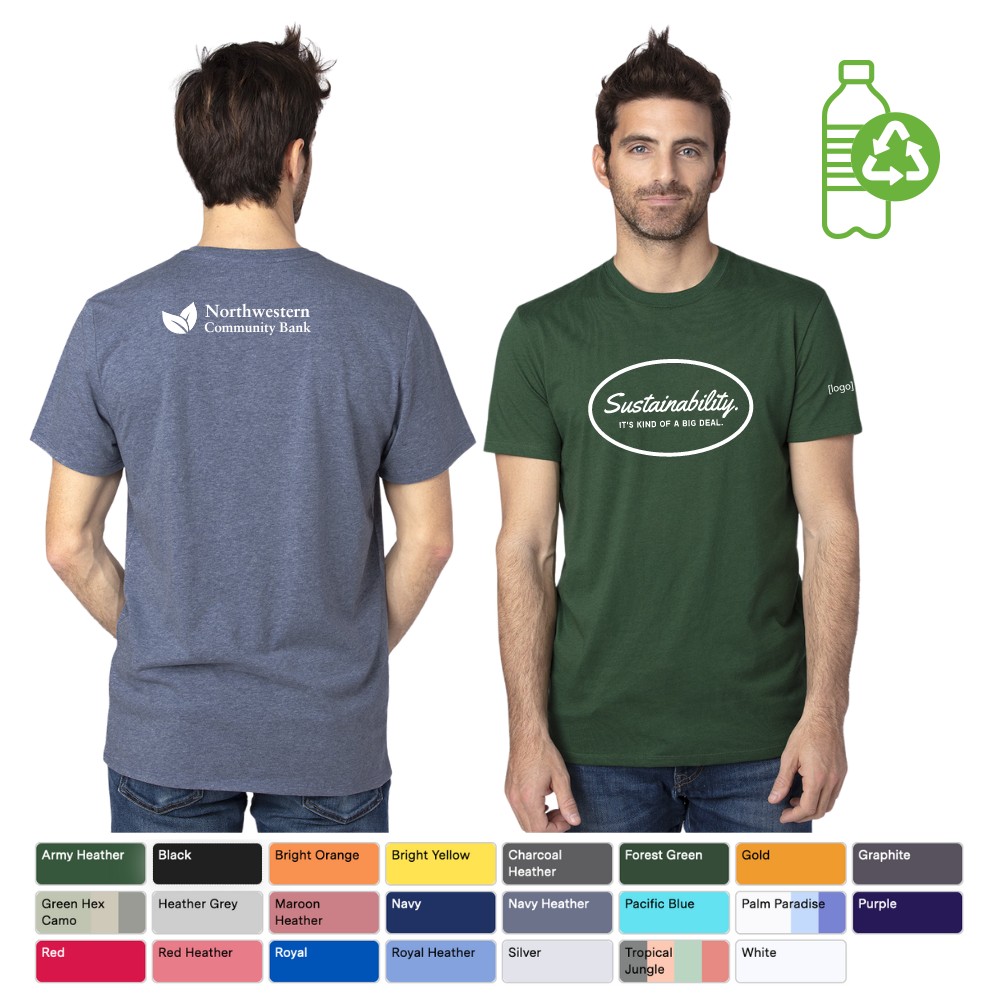 unisex eco-friendly short sleeve t-shirt worn by male models in violet and green colors