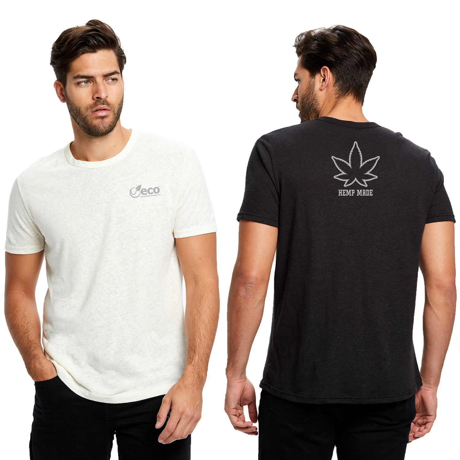 custom printed cannabis swag t-shirt on a model, back and front view