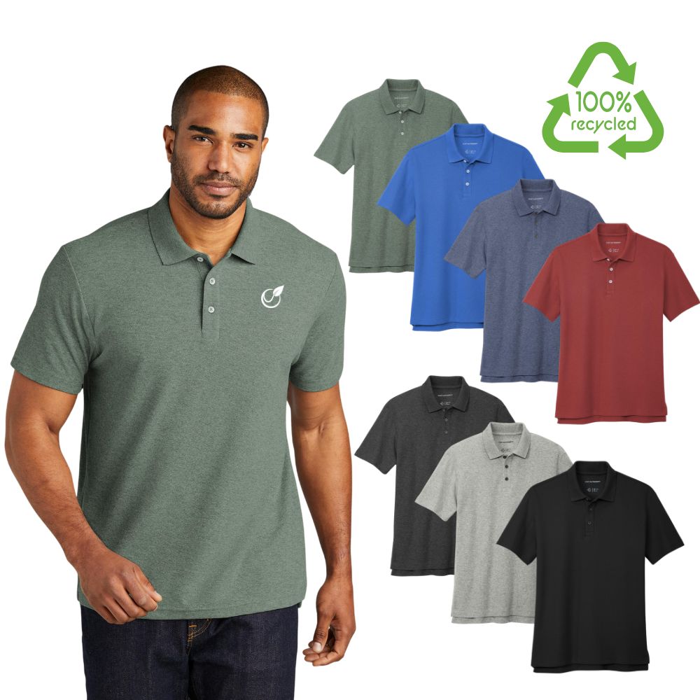 man wearing green polo shirt next to other polo shirts in different colors