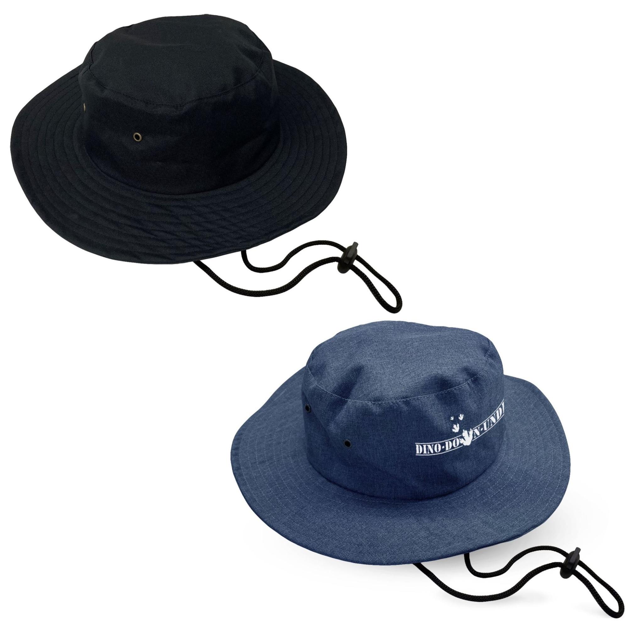 black and blue-colored sun hats with cords 