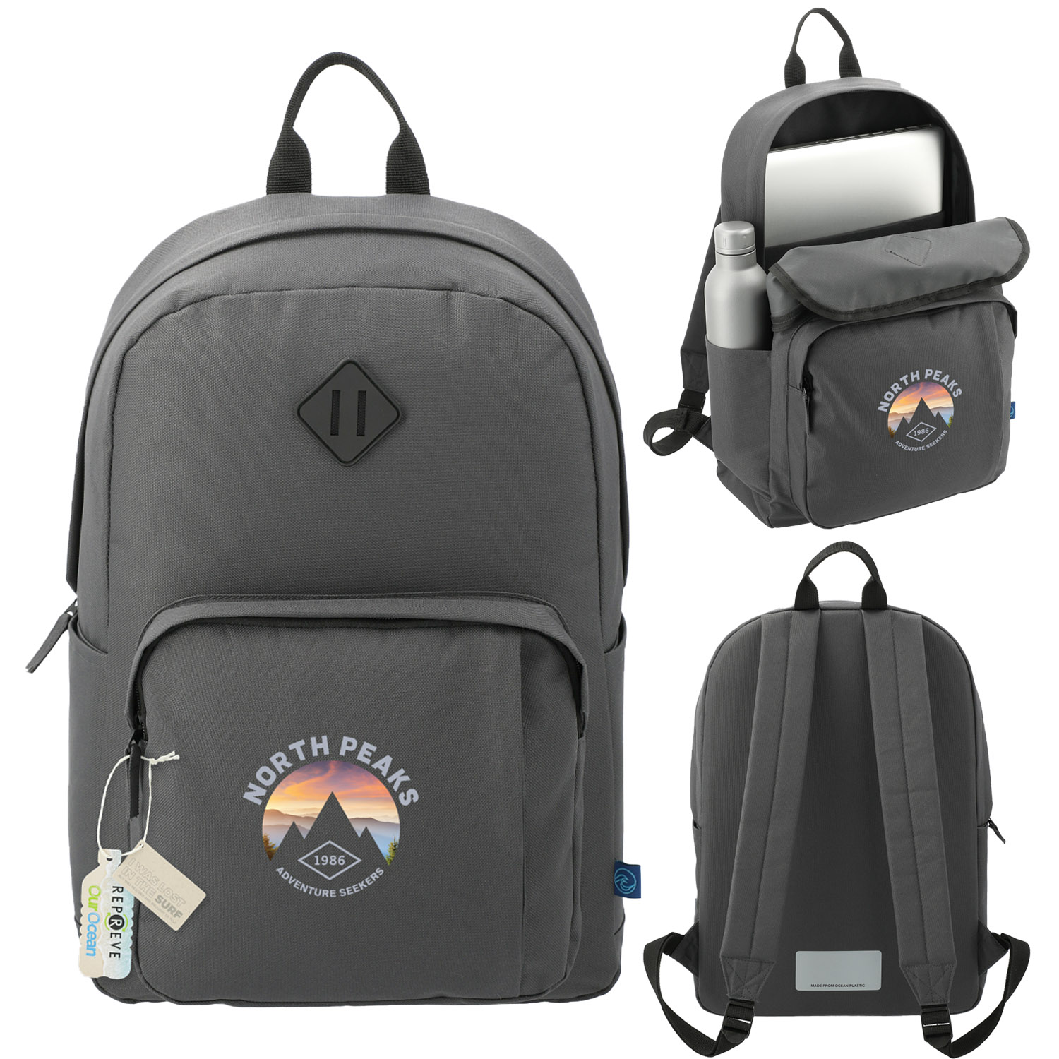 company swag dark gray backpack for tech accessories