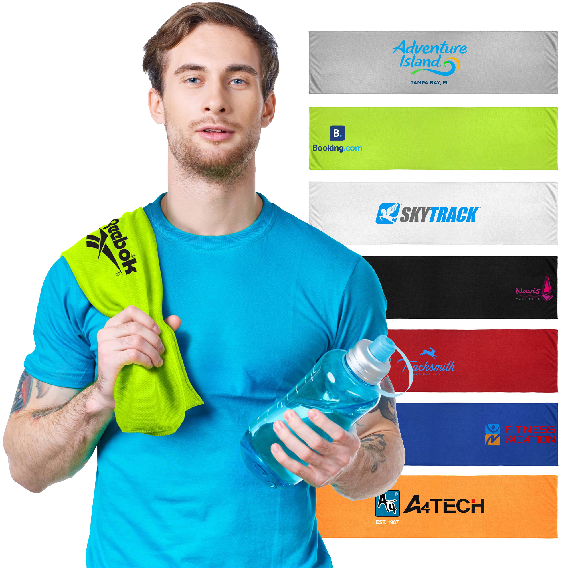 male model holding a water bottle while a green cooling towel rests on his shoulder 