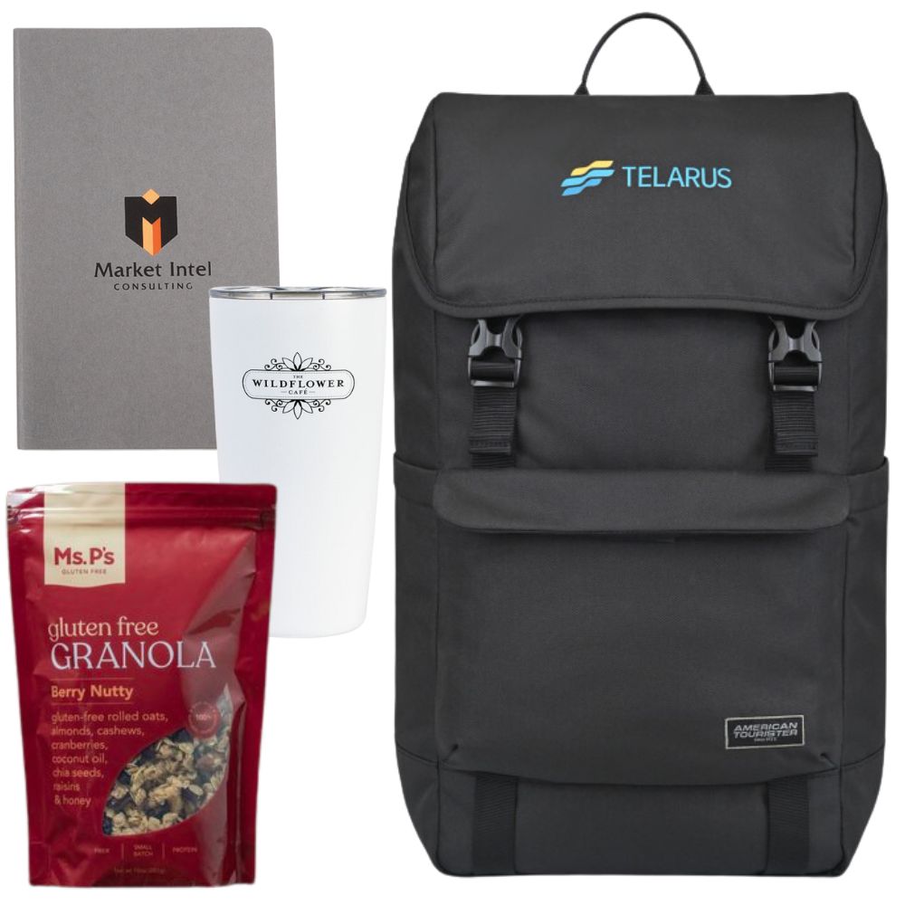 branded recycled American Tourister® backpack, MiiR® tumbler, Moleskine® notebook and Ms. P's gluten-free granola snack