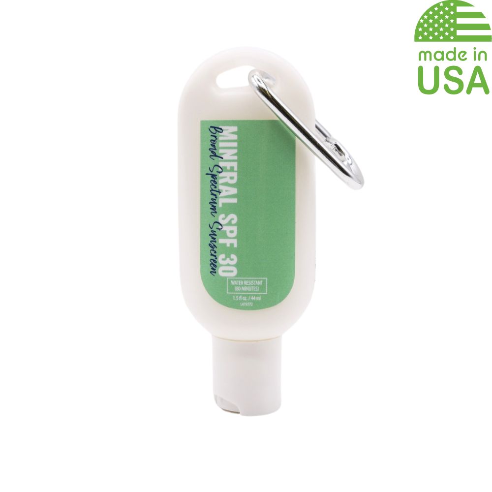 sunscreen in white bottle with carabiner for Independence Day celebrations