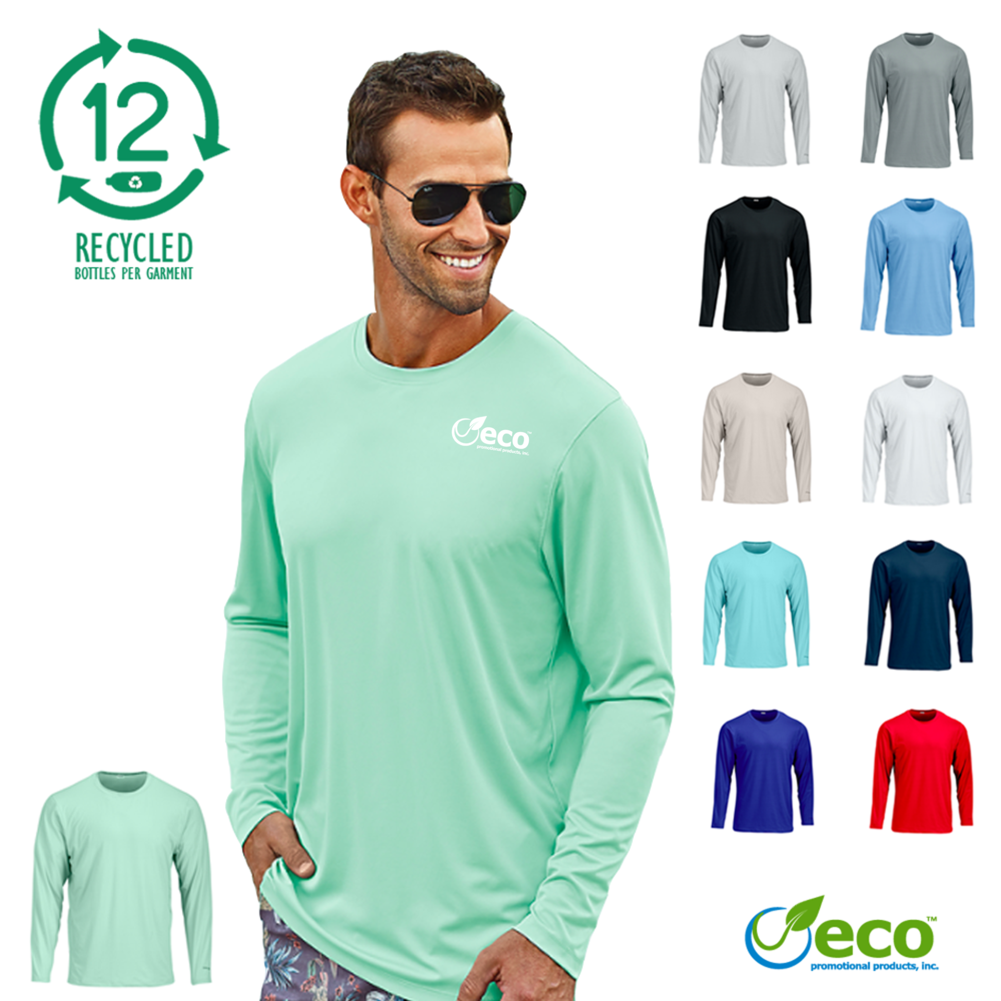 male model wearing recycled long sleeve t-shirt in mint color