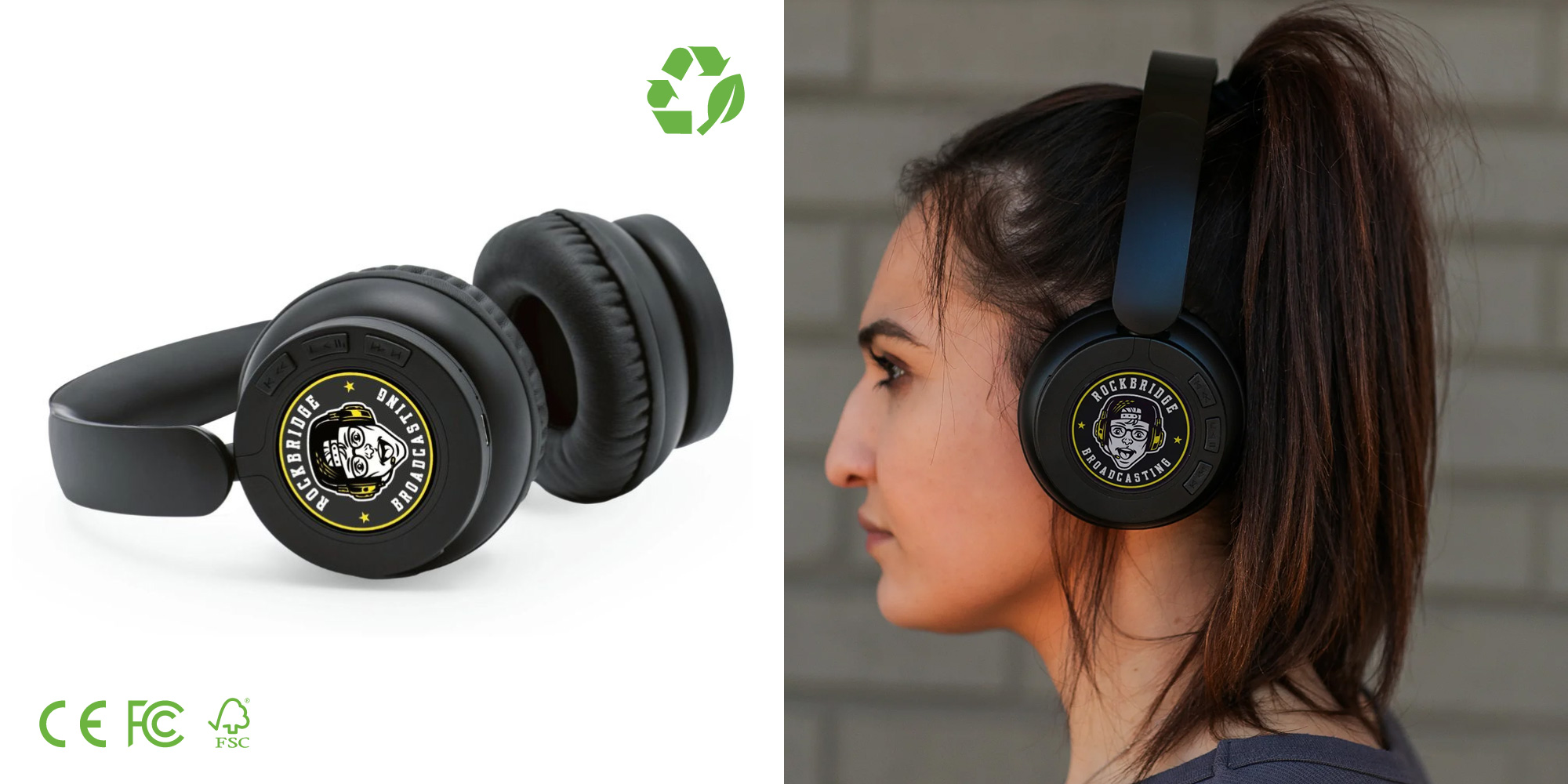 custom branded headphones, woman wearing branded headphones