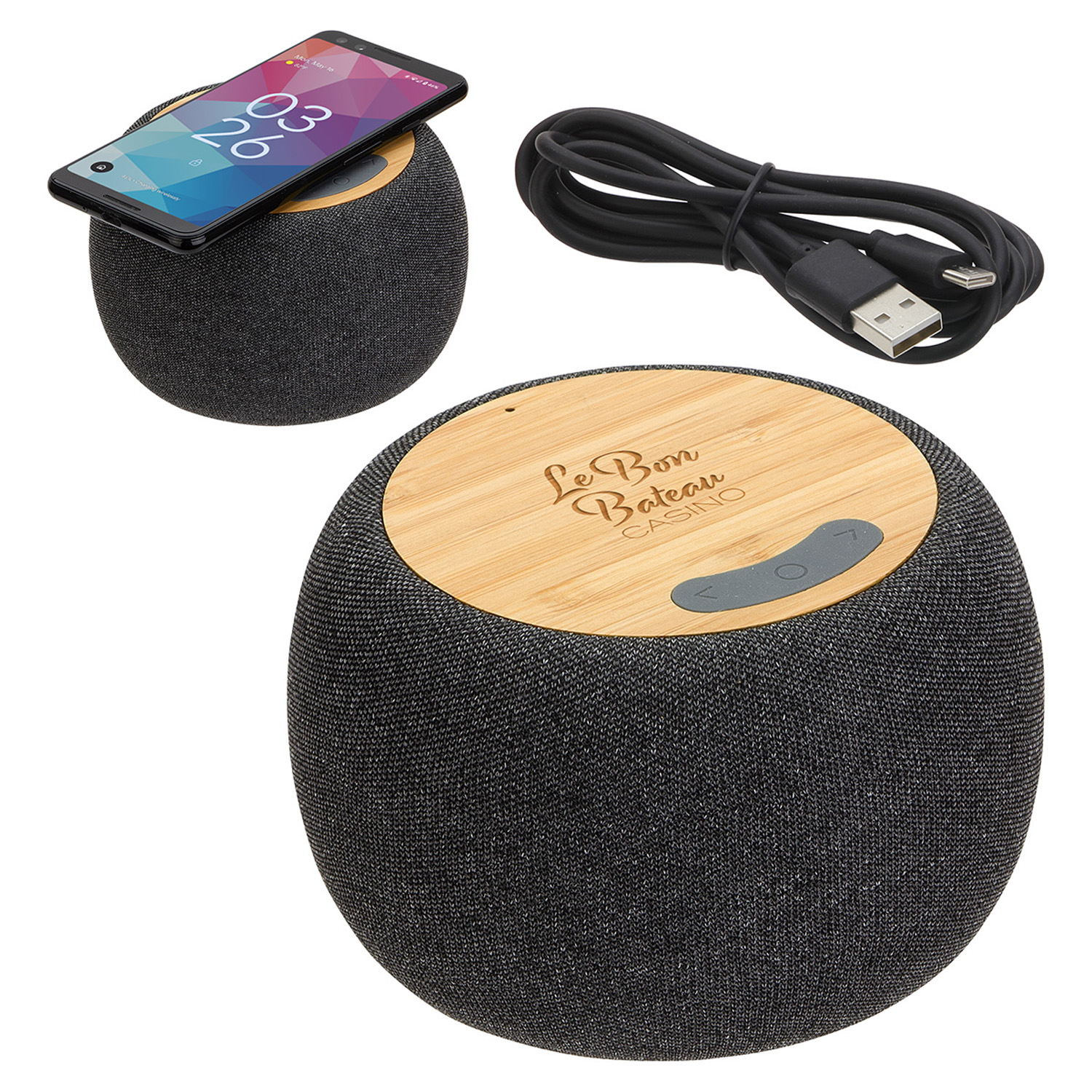 wireless bamboo speaker with built-in charger and USB cable