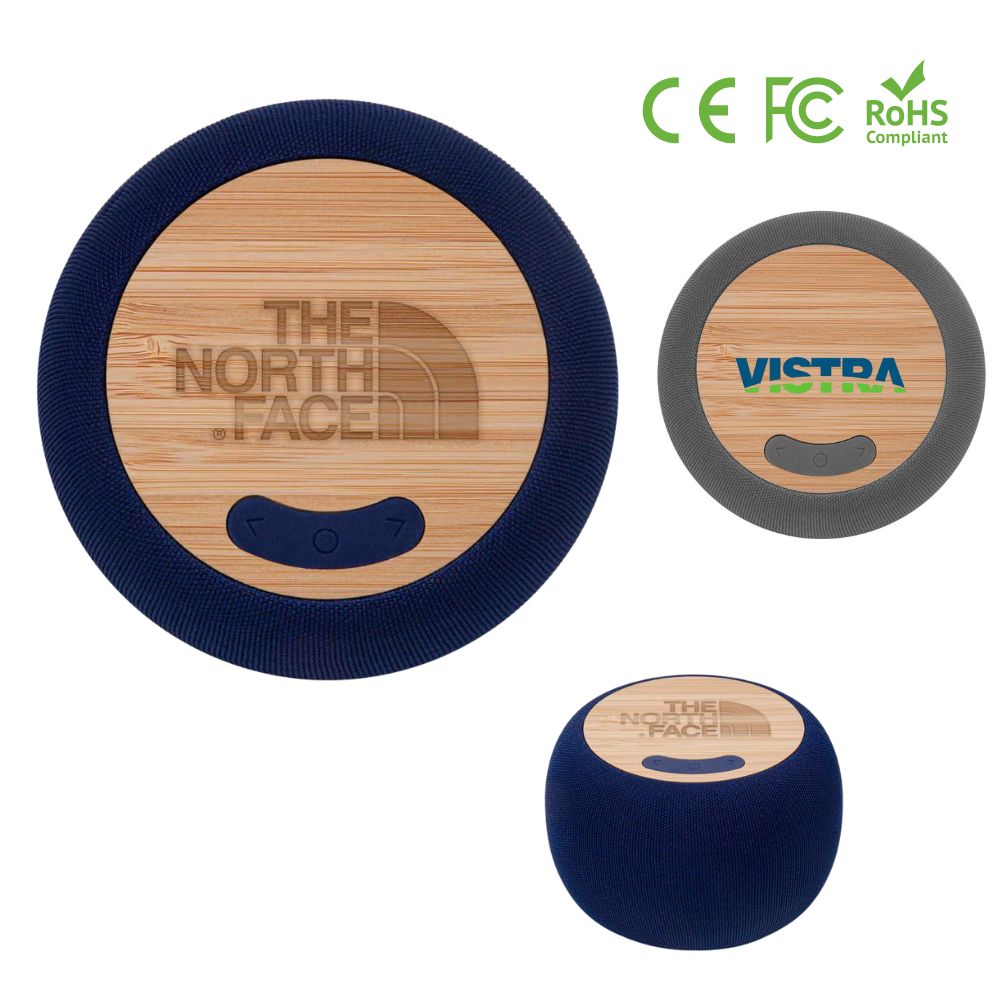 customized bamboo bluetooth speaker in black, blue, and gray colors