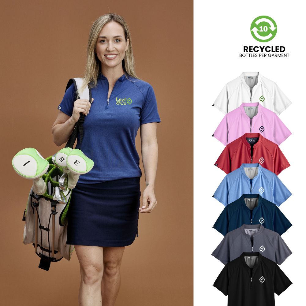 female model wearing recycled polo shirt, promotional gifts for women