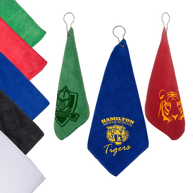 three golf towels with branding and prints, and five others in plain colors