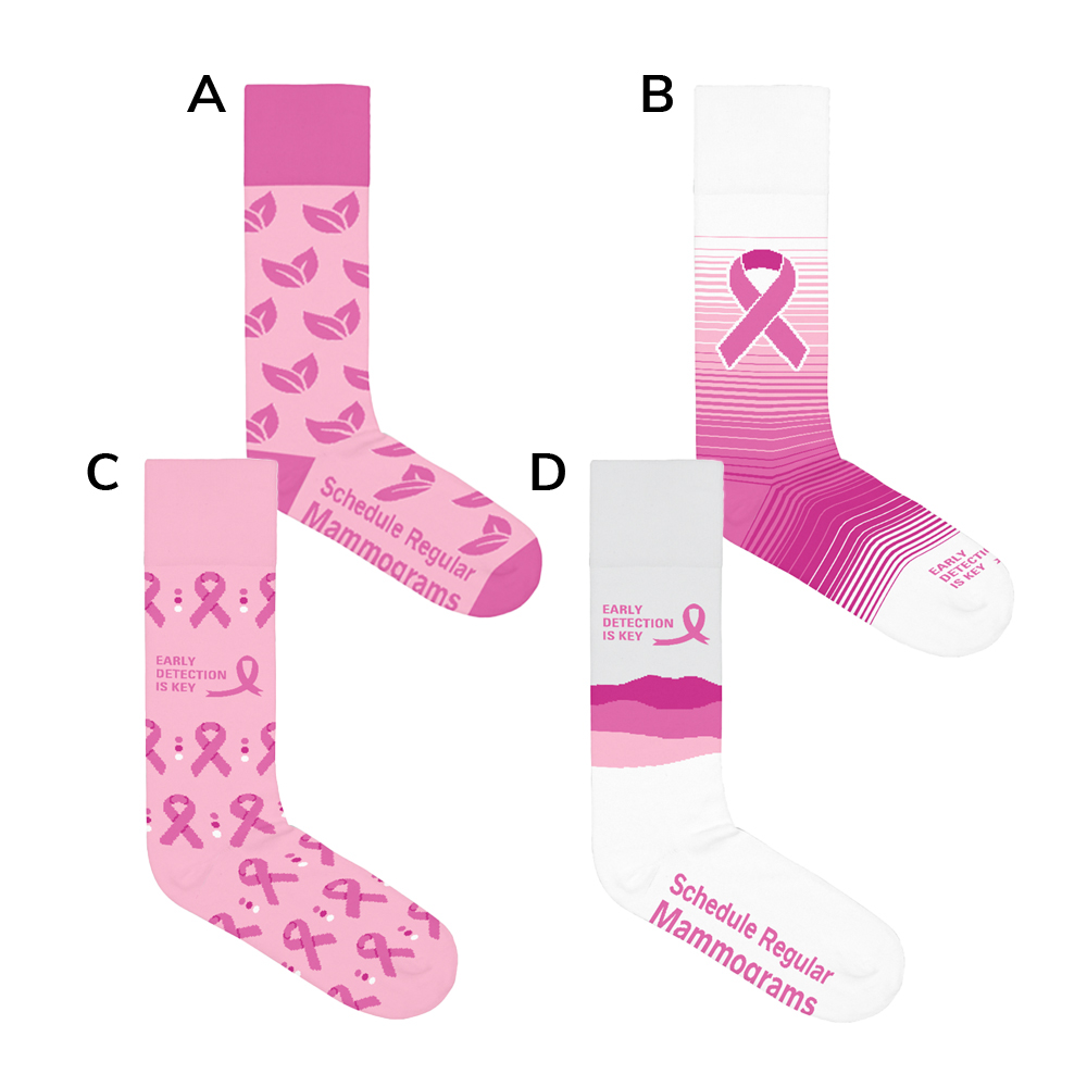 pink cotton socks in four different designs for breast cancer awareness