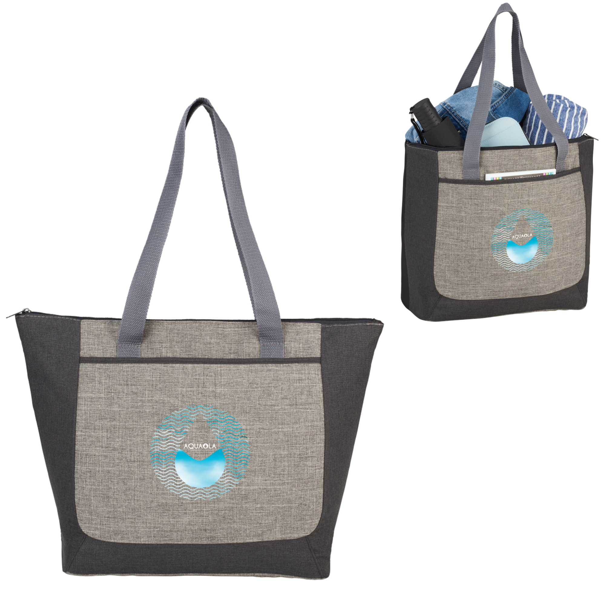 recycled zippered tote with black and gray details and custom logo