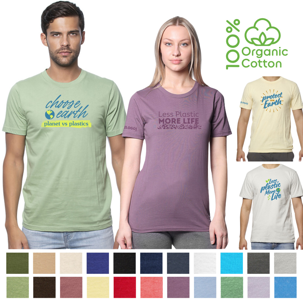male and female models wearing adult Unisex t-shirts with environmental conservation messages