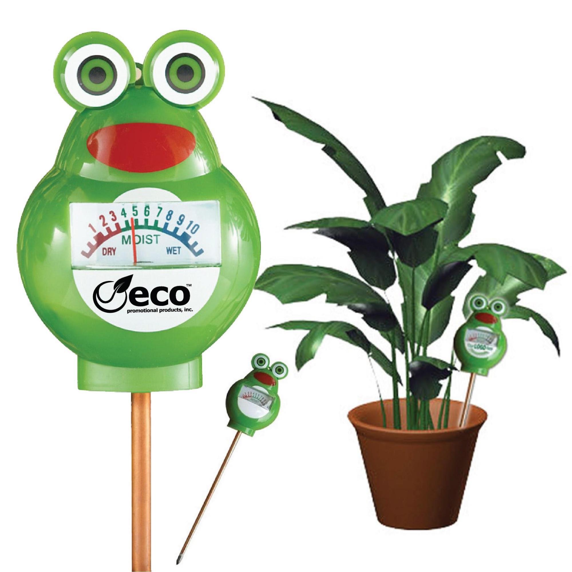 green frog water conservation meter with logo, plant pot with moisture meter