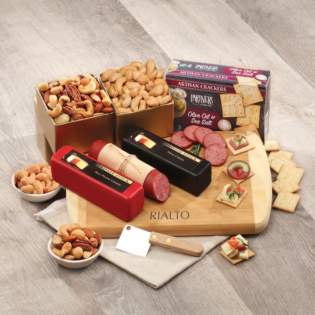 bamboo snack board with assorted snacks