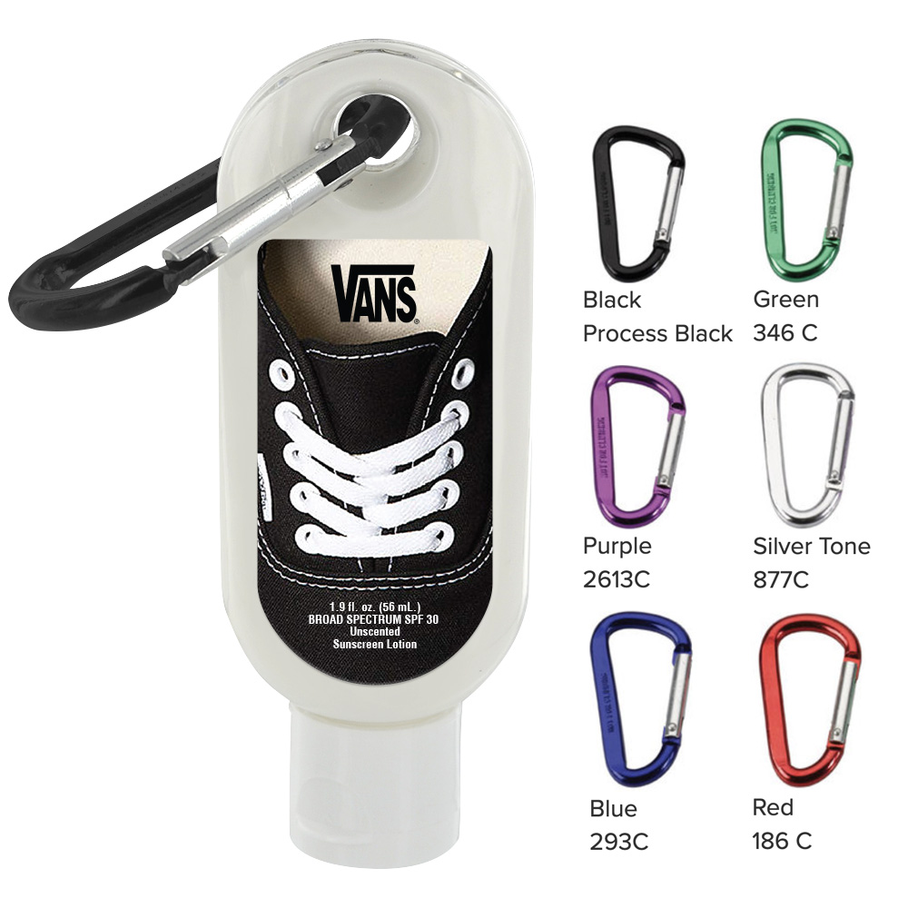 personalized sunscreen bottle with six color options for carabiner 