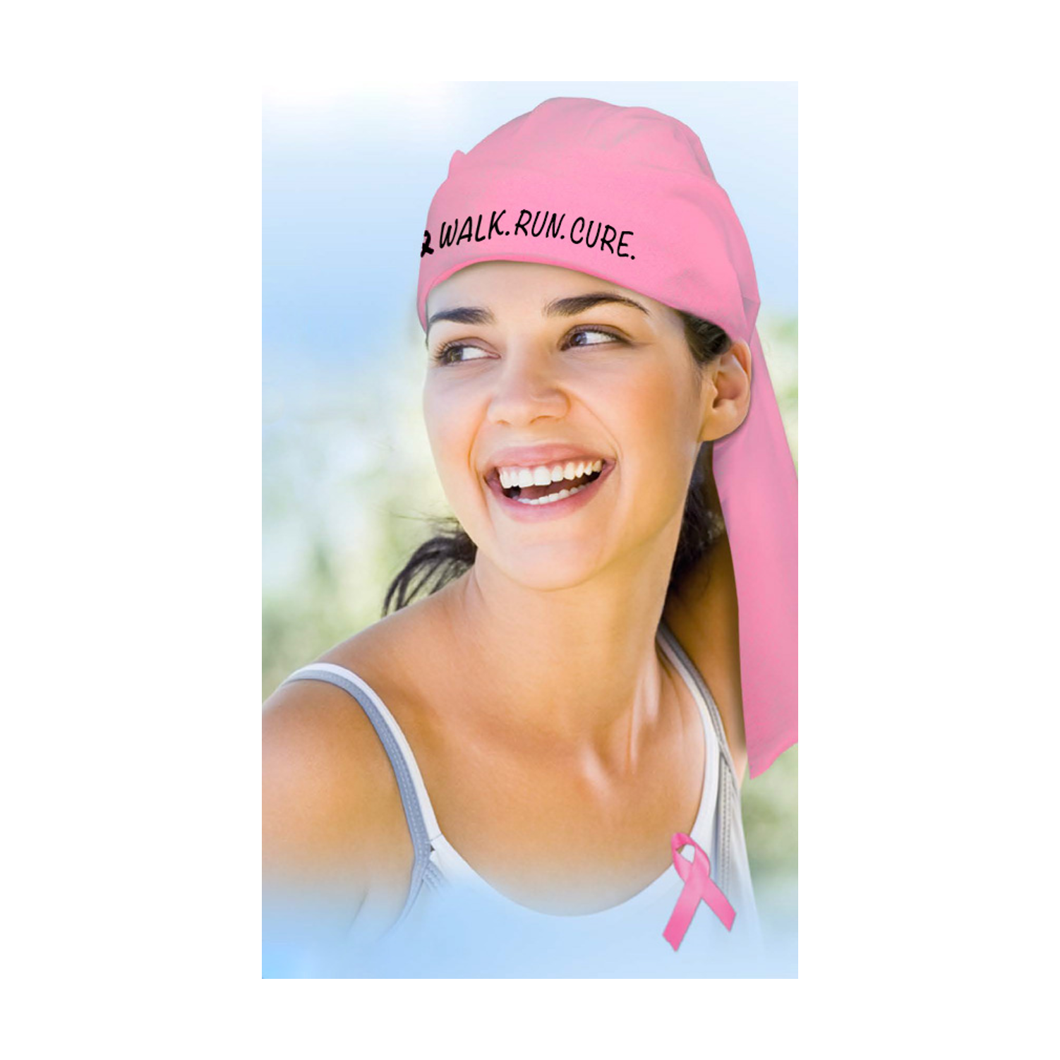 smiling woman wearing a pink bandana