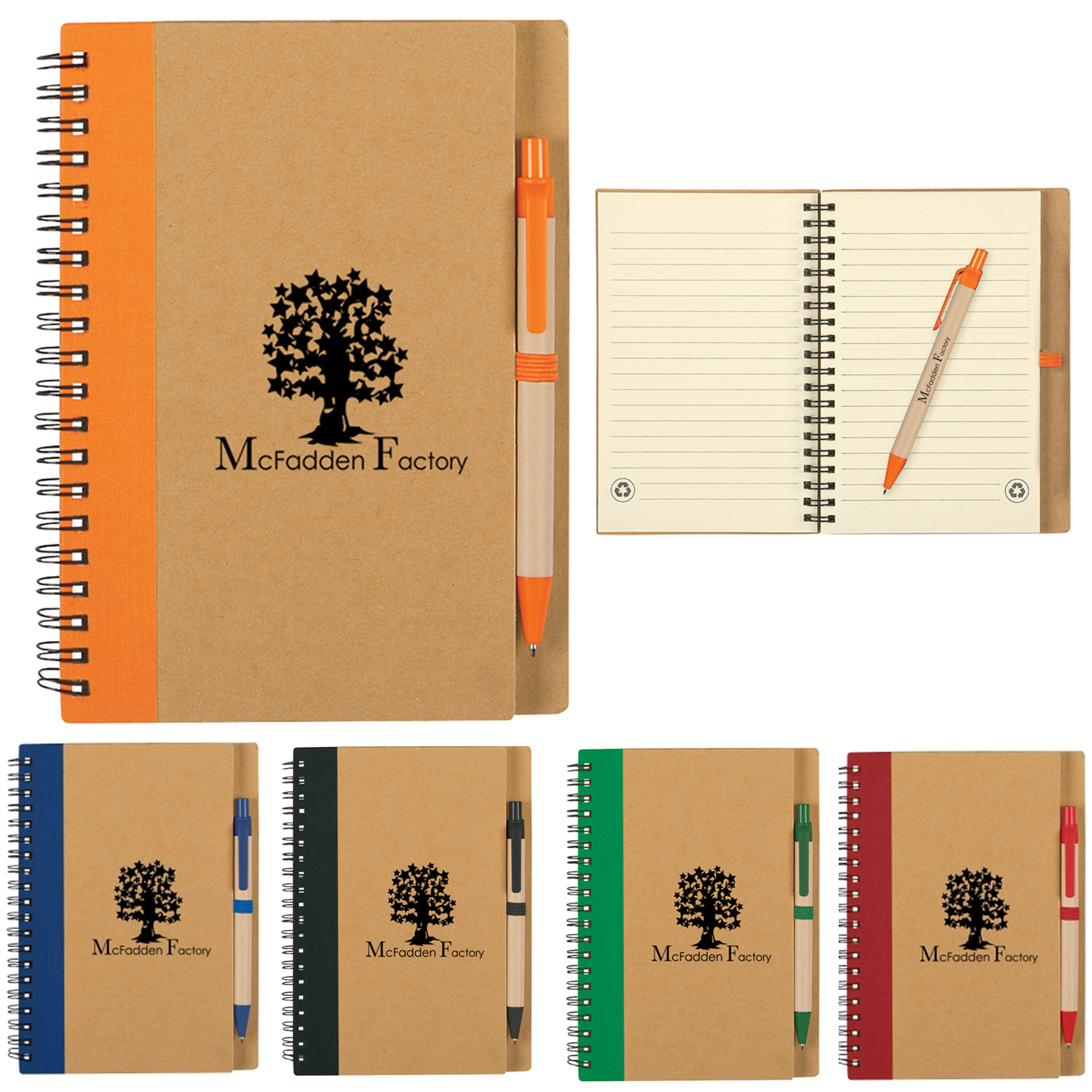 Alt text: eco spiral notebooks in different colors with matching pens