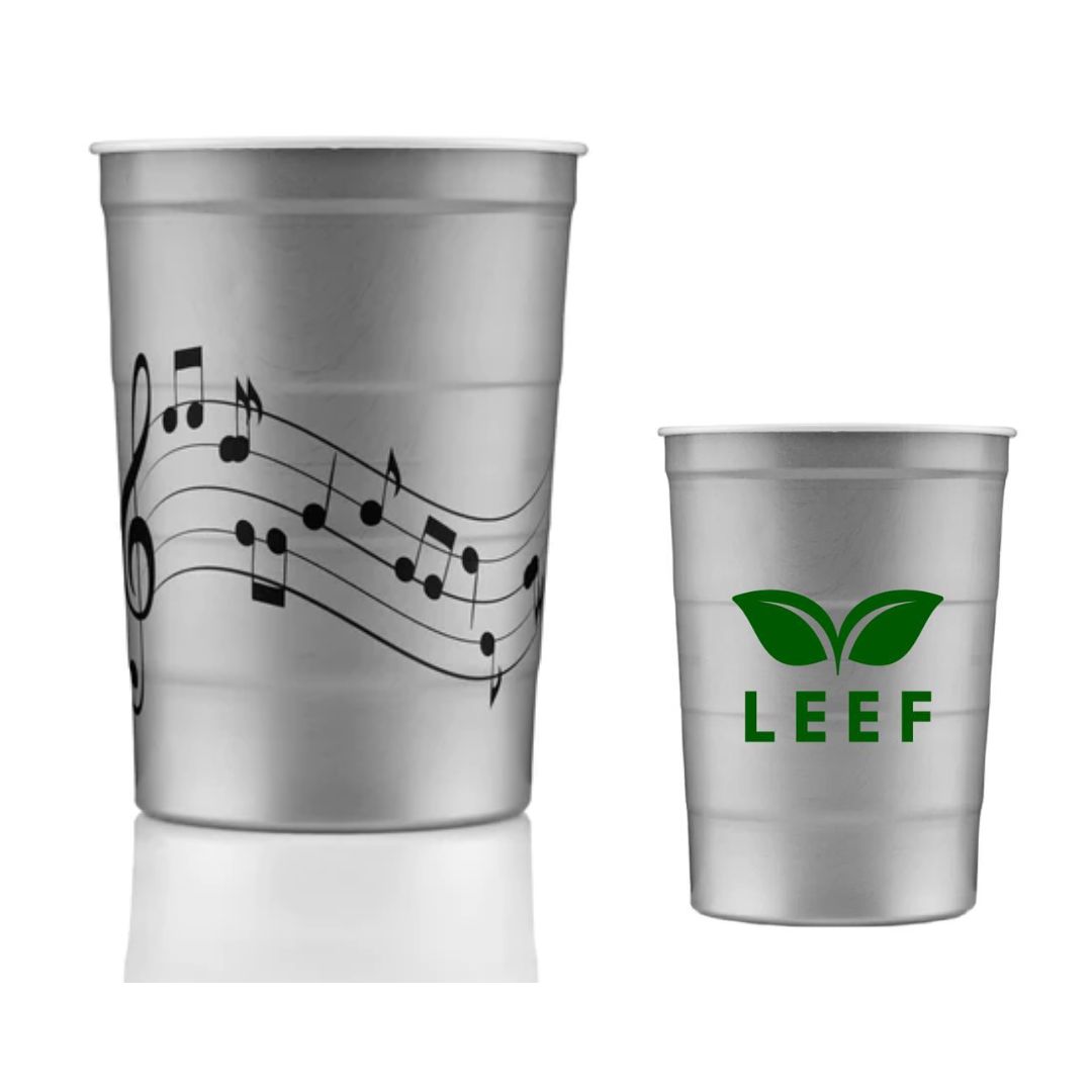 A steel cup with two customization versions, one featuring music symbols and the other displaying an eco-friendly logo