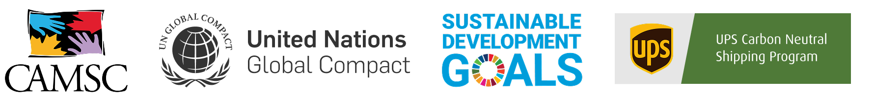 Logos for UN Global Compact, CAMSC, UPS Carbon Neutral Shipping Program, Sustainable Development Goals