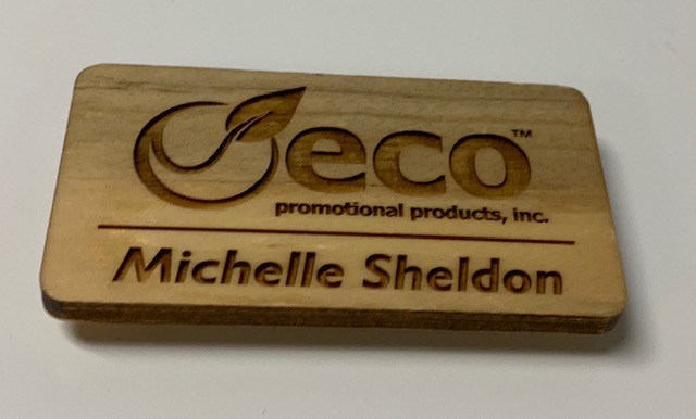 Custom engraved recycled wood name badge