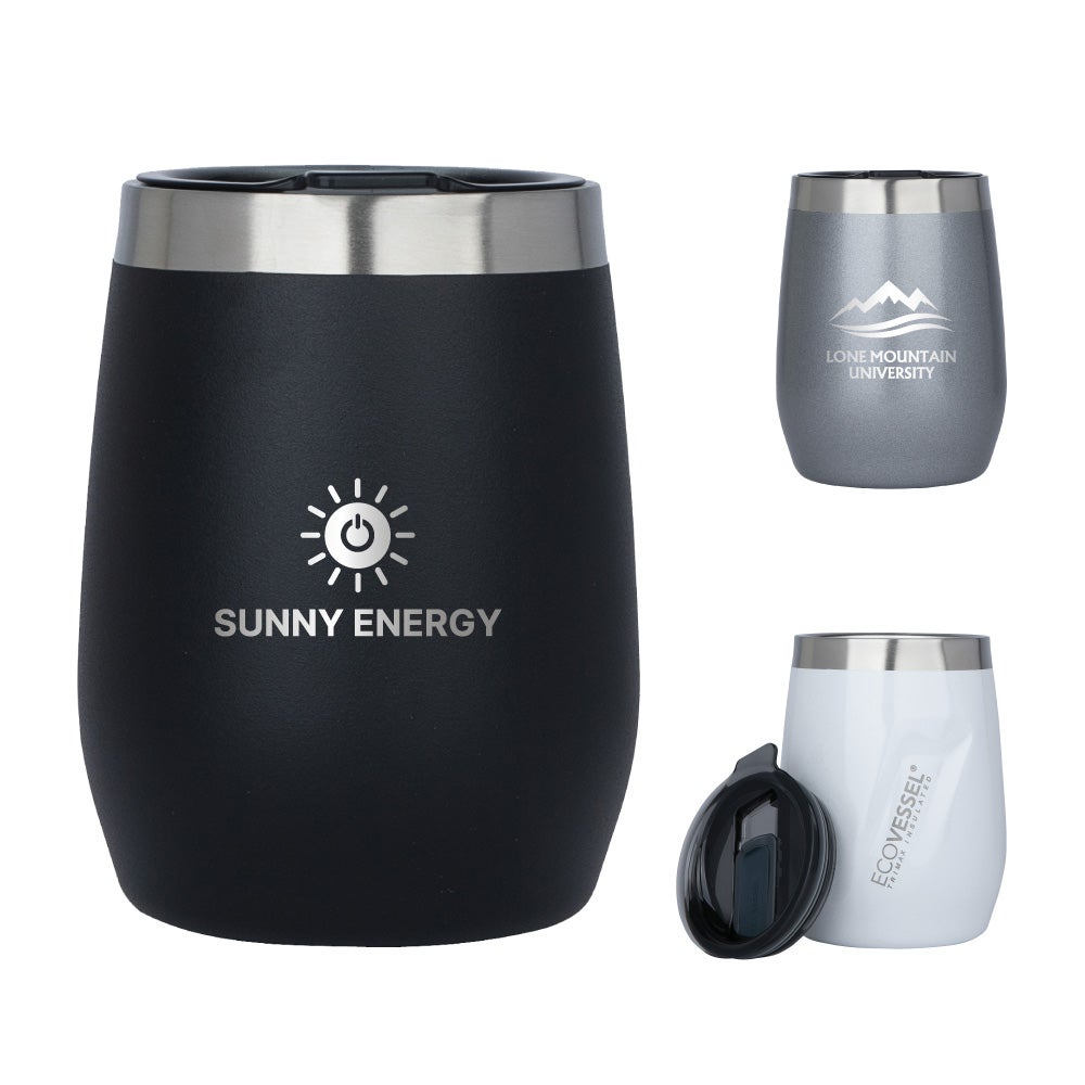 EcoVessel 10 Oz Vacuum Insulated Wine Tumbler in black, silver, and white