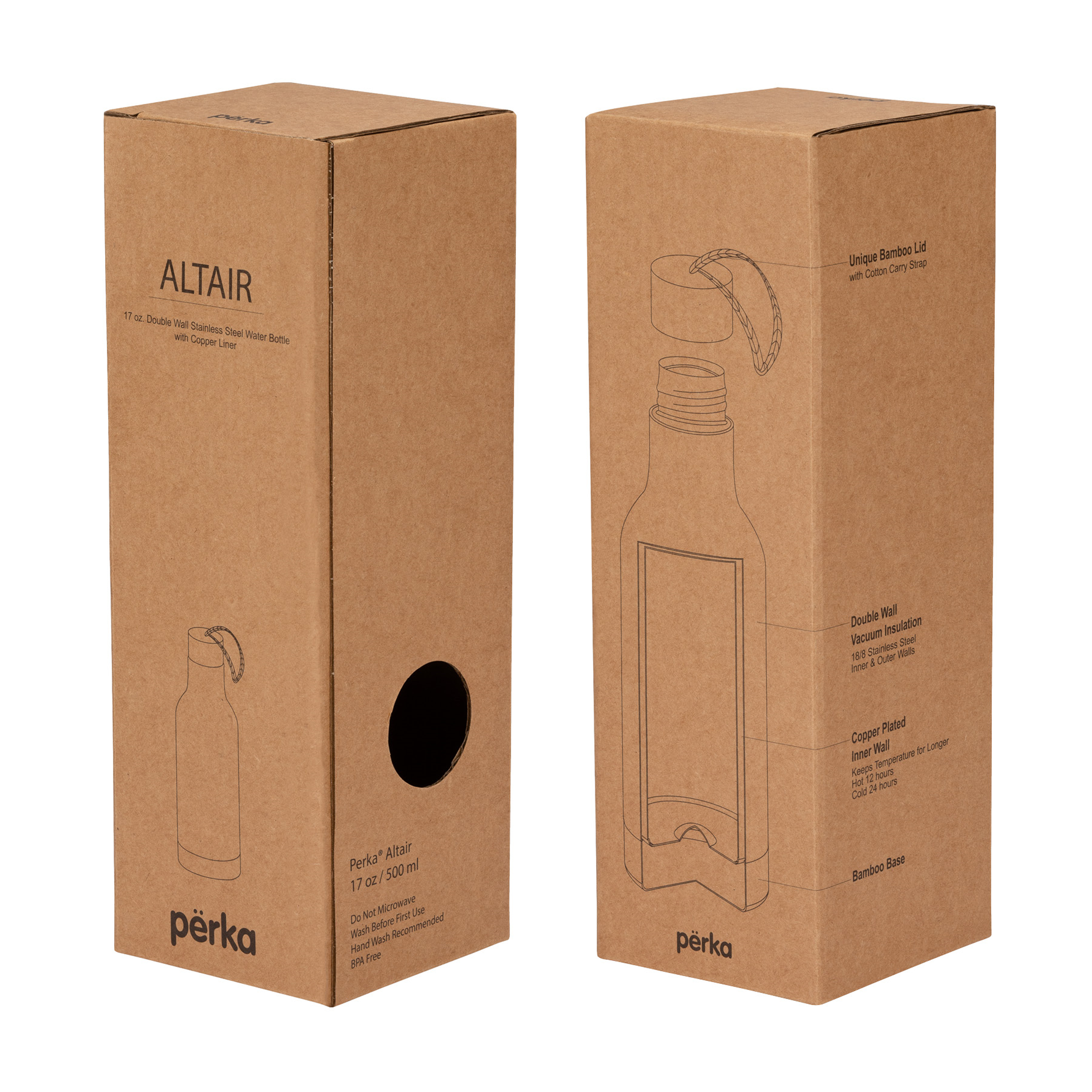 Perka Stainless Steel Bottle with Bamboo Lid | 17 oz Retail Gift Box