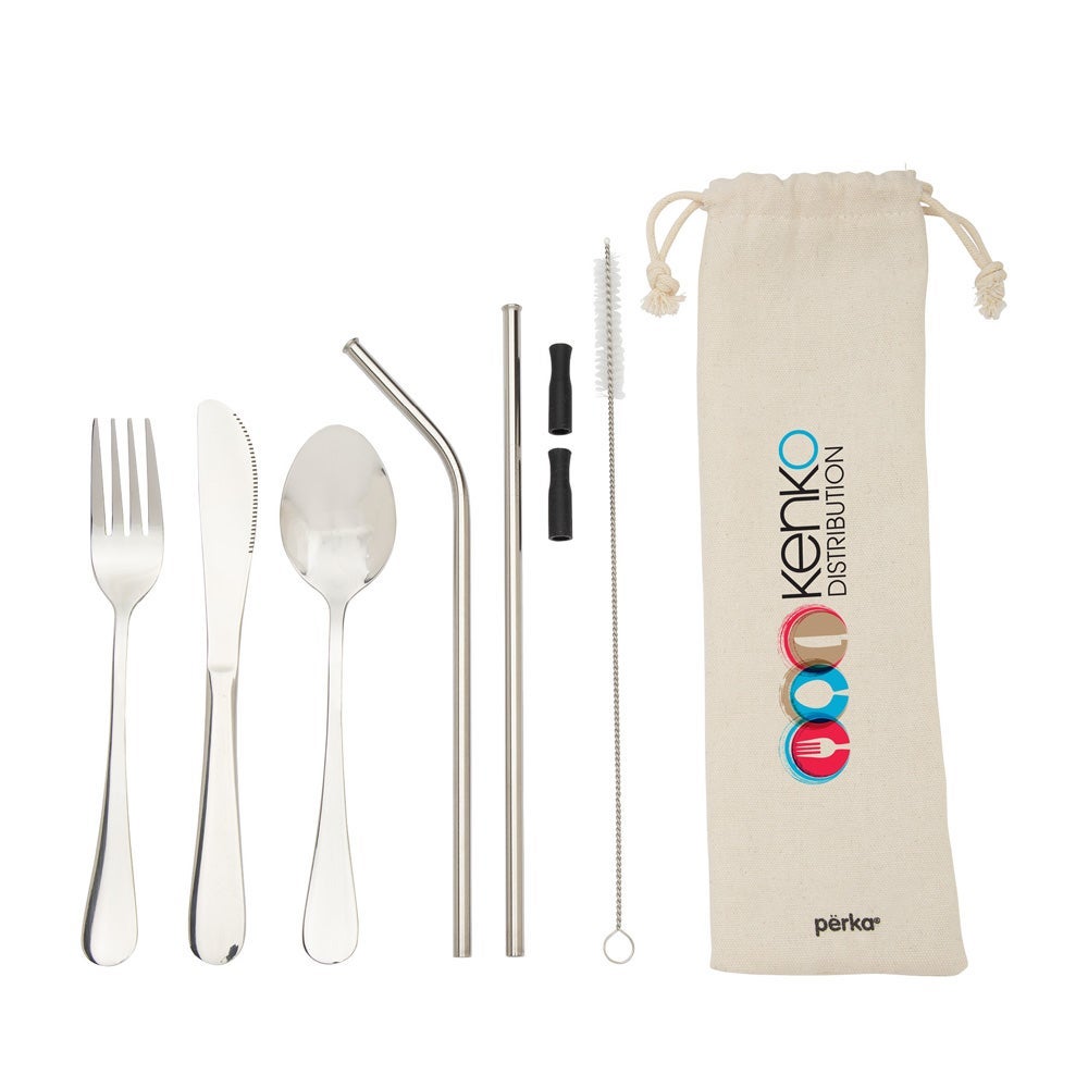 Perka Stainless Utensil & Straw Set In Cotton Pouch | Reusable