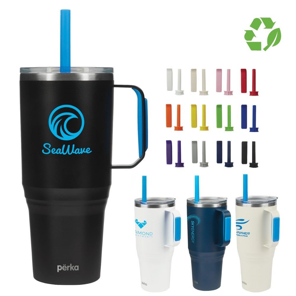 36 oz Perka Recycled Stainless Steel Insulated Travel Tumbler Handle Mug
