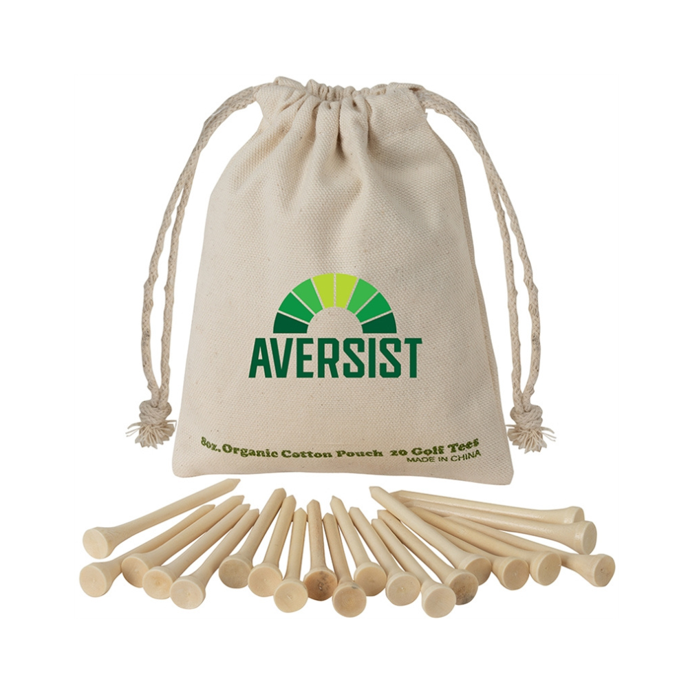 Wooden Golf Tee Set in Cotton Drawstring Pouch