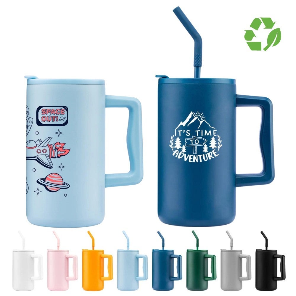 Recycled Travel Mug with Handle and Straw | 27 oz