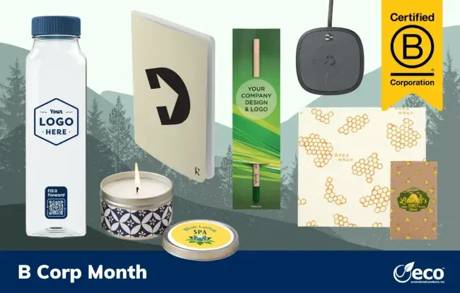 B Corp promotional products - bottle, candle, notebook, pencil, charger, and bees wrap